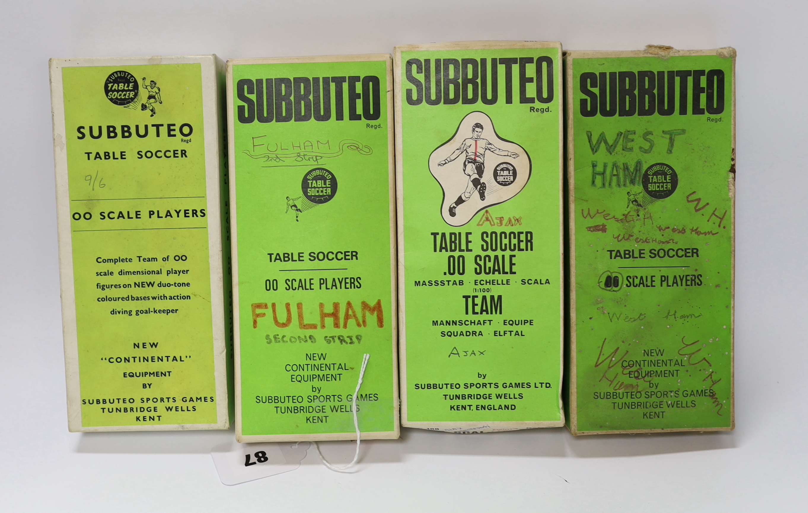 Twelve boxed Subbuteo table football teams, including; Brighton, West Ham, Manchester City, Ostende, Ajax, Fulham, etc.